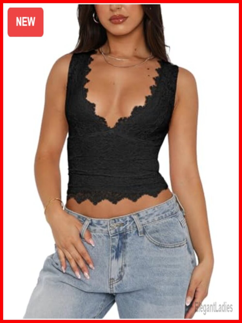 REORIA Womens Sexy Plunge V-Neck Sleeveless Lace Cropped Tank Top